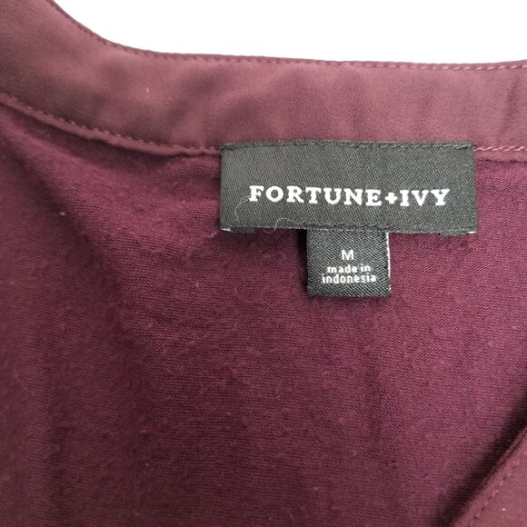 Fortune and Ivy Blouse M Wine Burgundy Zip Front 3/4 Sleeves Stretch - Picture 5 of 9